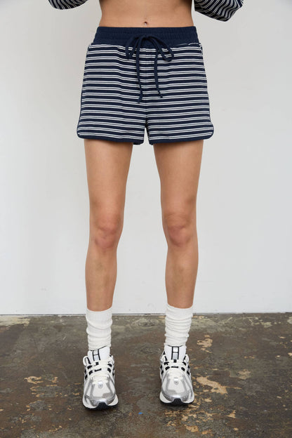 STRIPED CONTRAST WAIST KNIT LOUNGE SHORTS