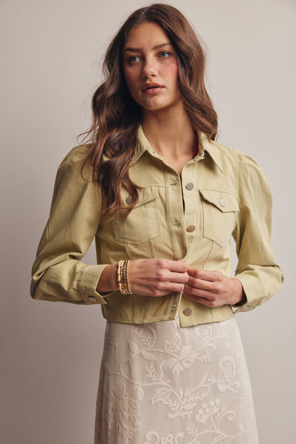 Lightweight Twill Puff-Sleeve Cropped Jacket