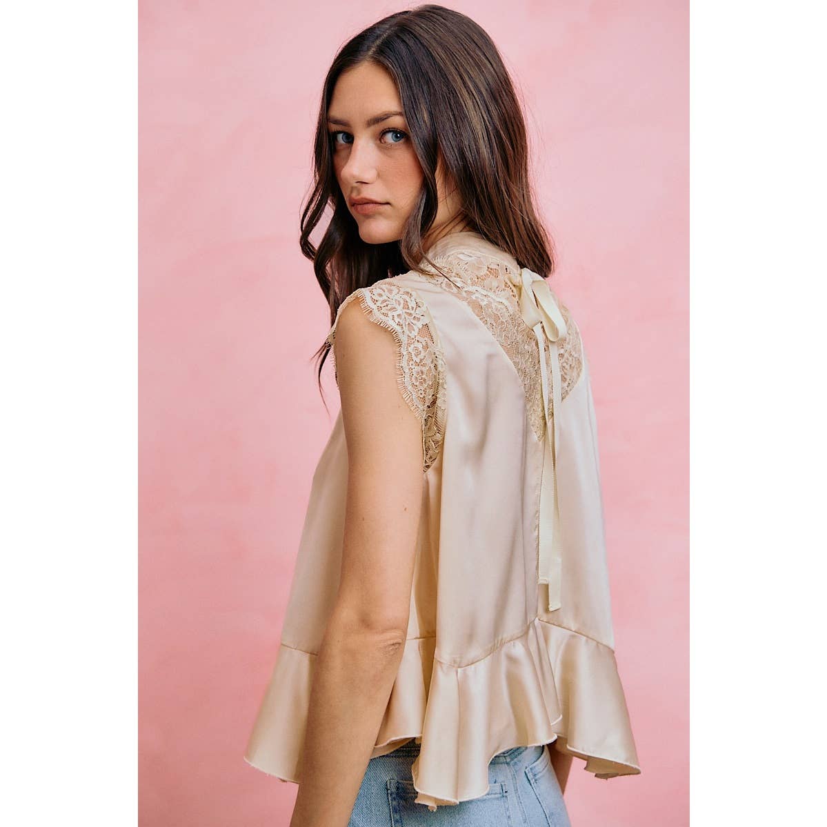 SATIN MOCK NECK LACE TRIM PEPLUM BLOUSE TOP