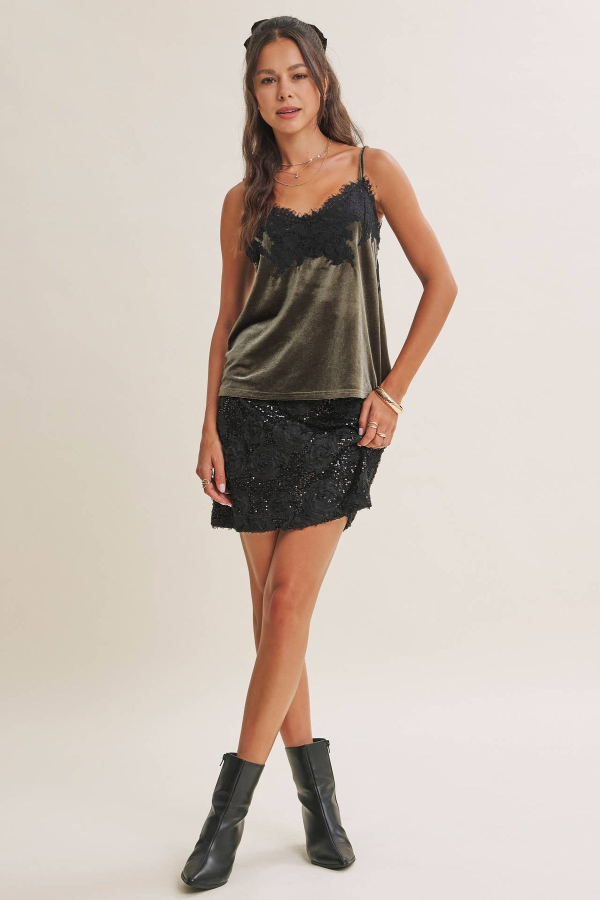 EVENING WHISPER ELEVATED EYELASH LACE VELVET CAMI