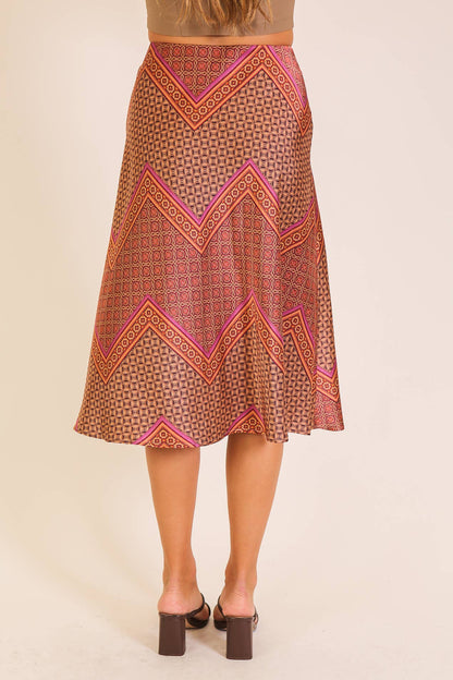 Geo Print Satin Midi Skirt