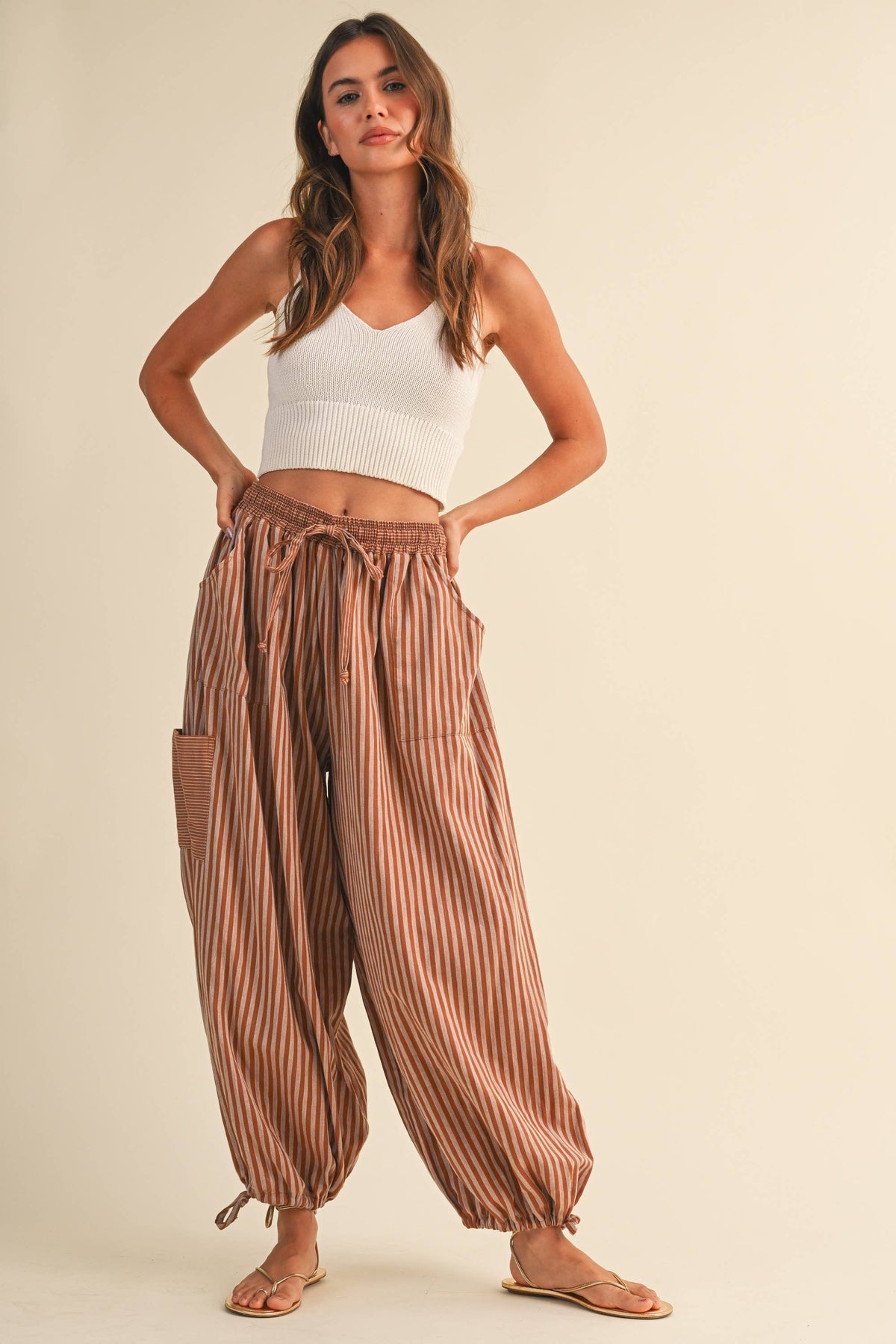 STRIPED DOUBLE GAUZE CONTRAST POCKET BALLOON PANTS