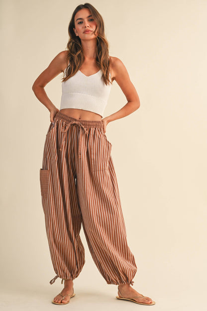 STRIPED DOUBLE GAUZE CONTRAST POCKET BALLOON PANTS