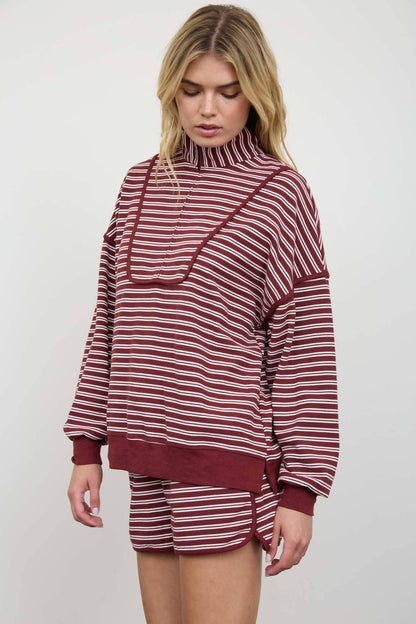 HALF ZIP STRIPE CONTRAST TRIM LONG SLEEVE KNIT TOP