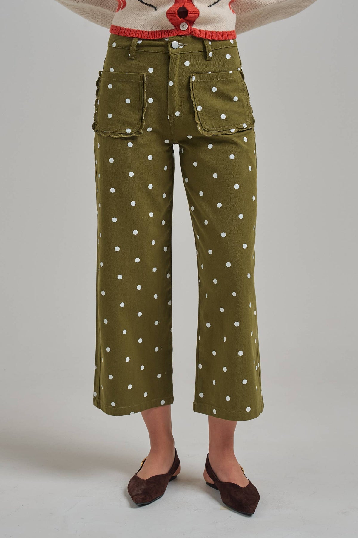 WIDE LEG POLKA DOT TWILL PANTS SCALLOP POCKET