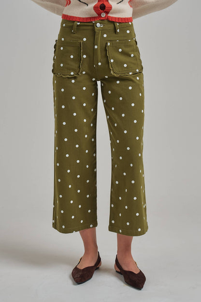 WIDE LEG POLKA DOT TWILL PANTS SCALLOP POCKET