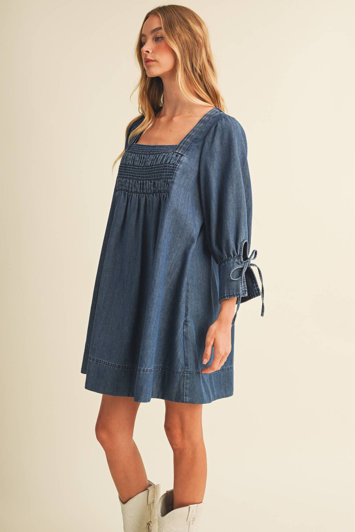 Square-Neck Smocked Denim Trapeze Dress