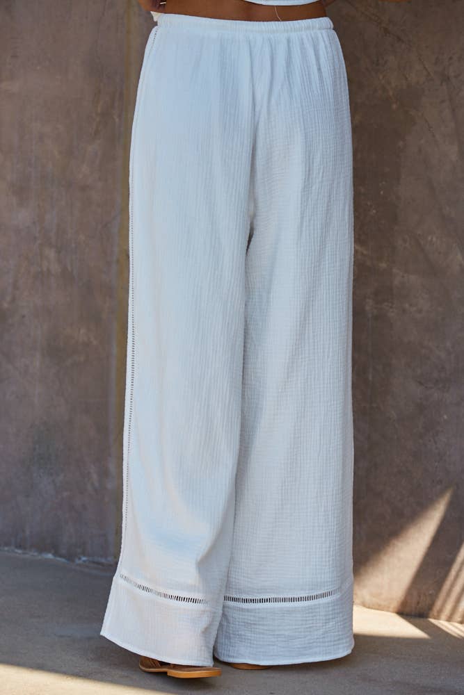 L9511B | Woven Cotton Waist Tie Strap Wide Leg Pants