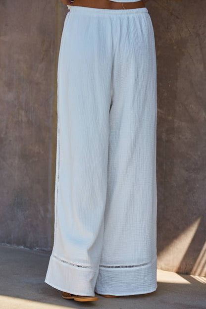 L9511B | Woven Cotton Waist Tie Strap Wide Leg Pants