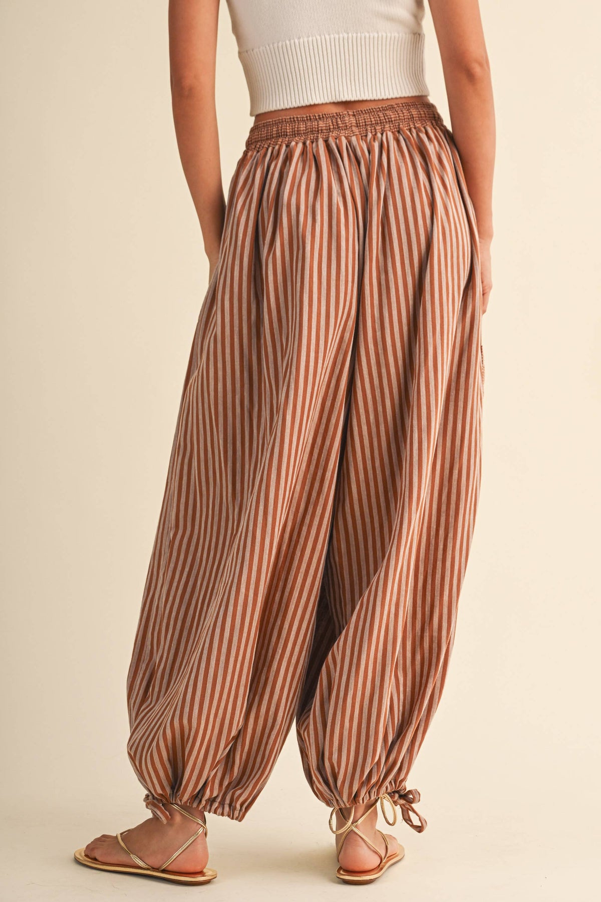 STRIPED DOUBLE GAUZE CONTRAST POCKET BALLOON PANTS