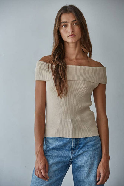 Knit Sweater Ribbed Fold Over Off The Shoulder Top