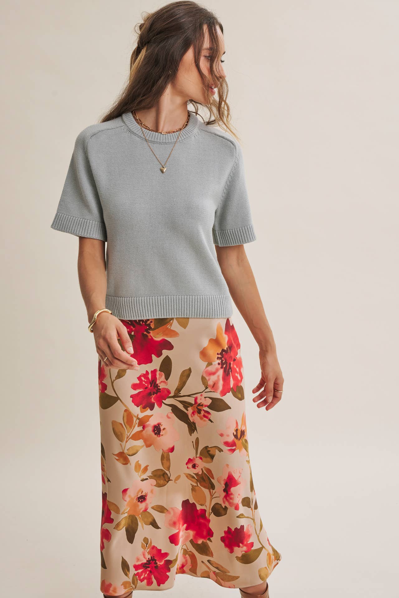 DRAPES SMOOTHLY SOFT FLORAL SATIN BIAS CUT MIDI SKIRT