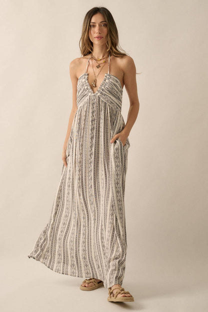 Aztec-Stripe Plunging Halter Maxi Dress