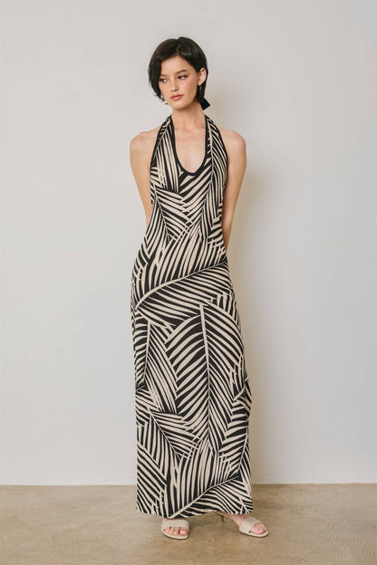 Tropical Leaf Contrast Bind Halter Maxi Dress