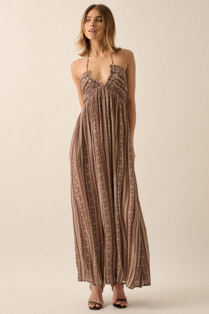 Aztec-Stripe Plunging Halter Maxi Dress