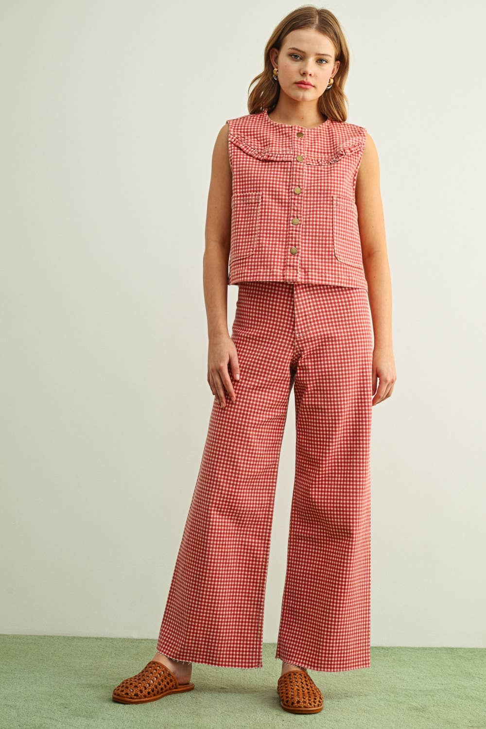 GINGHAM PRINTED STRETCH PANTS