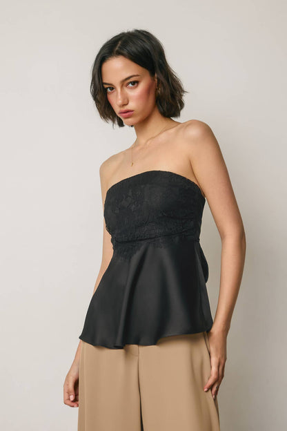 Satin Strapless Lace Flared Top
