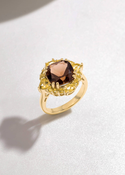 Gold Plated 925 Silver Golden Eclipse Smoky Quartz Ring