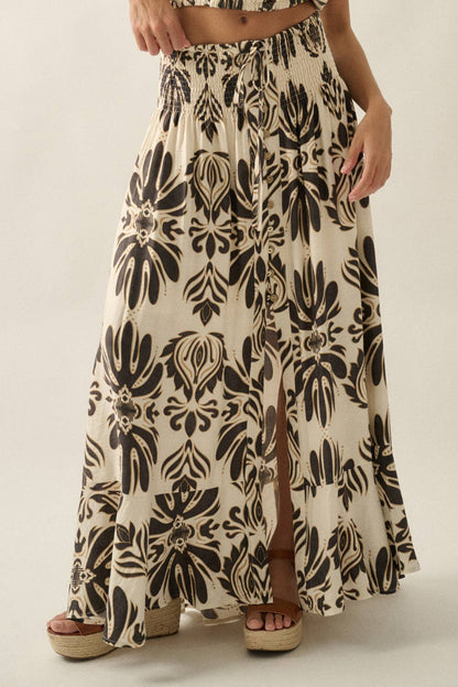 Ornate Floral-Print Button-Front Drawstring Maxi Skirt