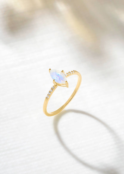 Gold Plated Silver Marquise Moonstone Ring with Accents