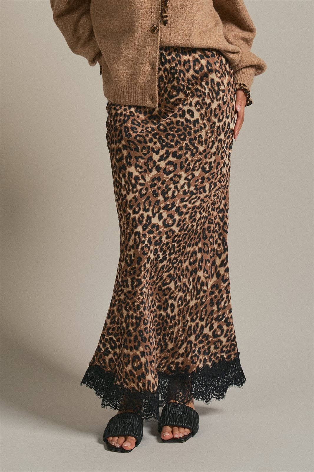 Leopard Print Satin Maxi Skirt with Lace Hem