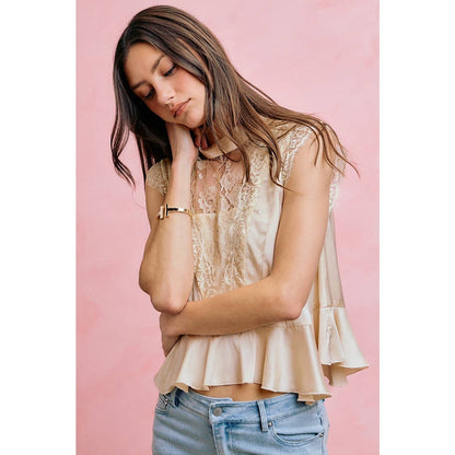 SATIN MOCK NECK LACE TRIM PEPLUM BLOUSE TOP