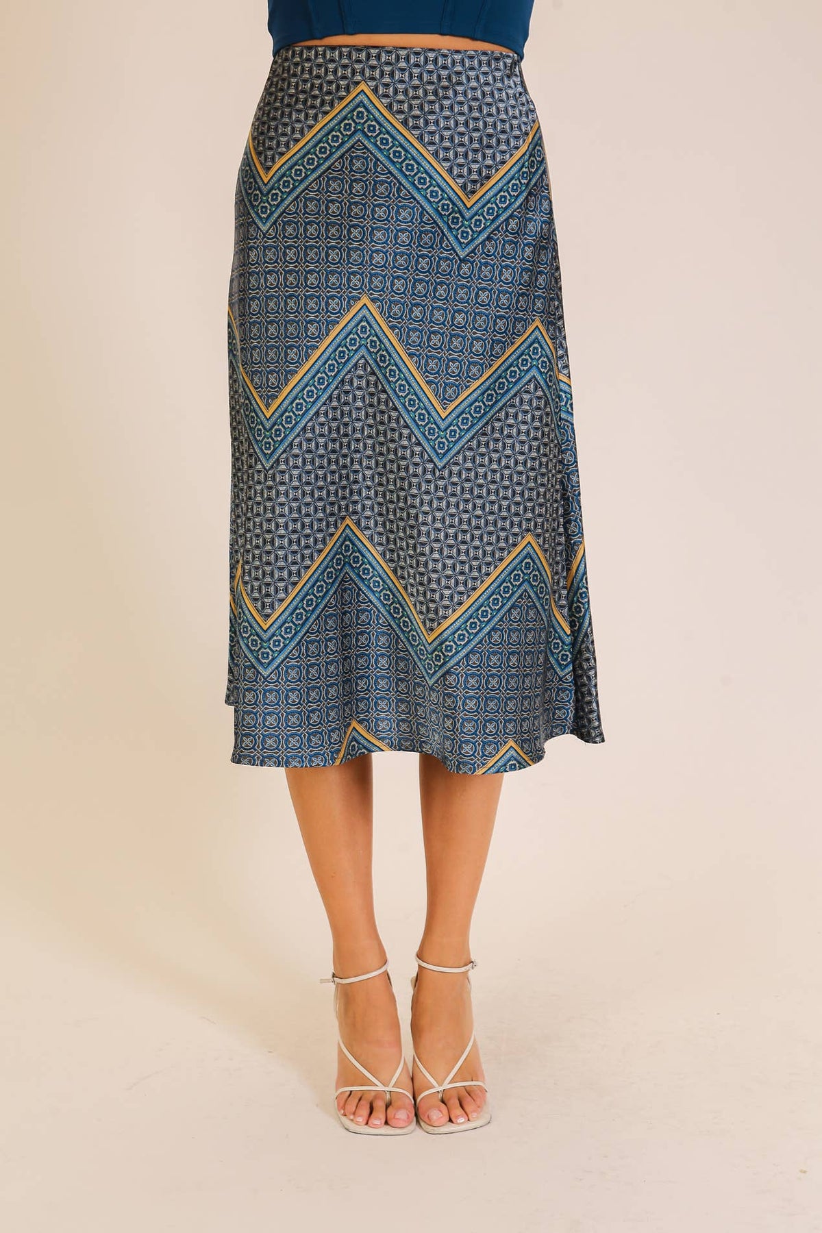 Geo Print Satin Midi Skirt