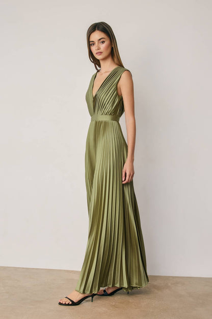 Pleated Satin V Neck Maxi Dress