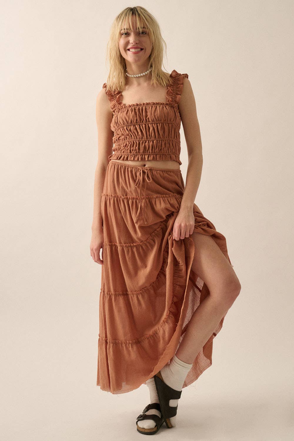 Smocked Solid Ruffled Woven Crop Top
