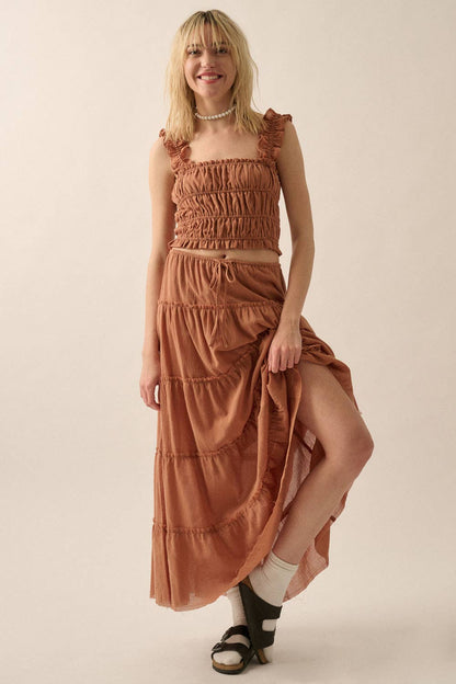 Smocked Solid Ruffled Woven Crop Top