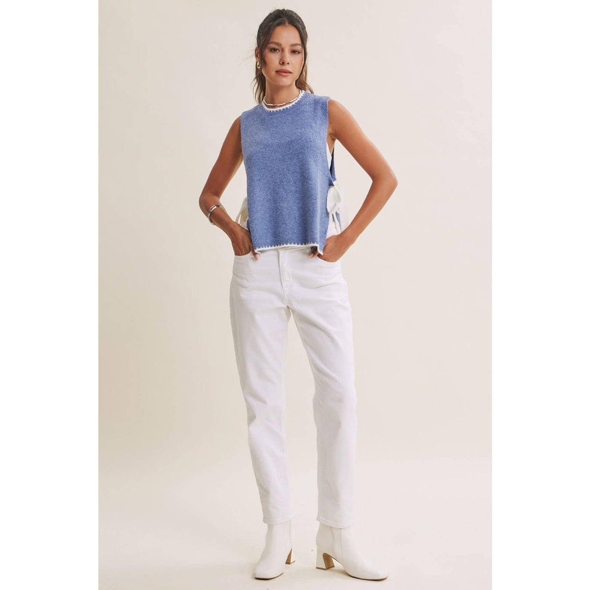EFFORTLESS WEEKEND SIDE RIBBON TIE WHIPSTITCH SWEATER VEST