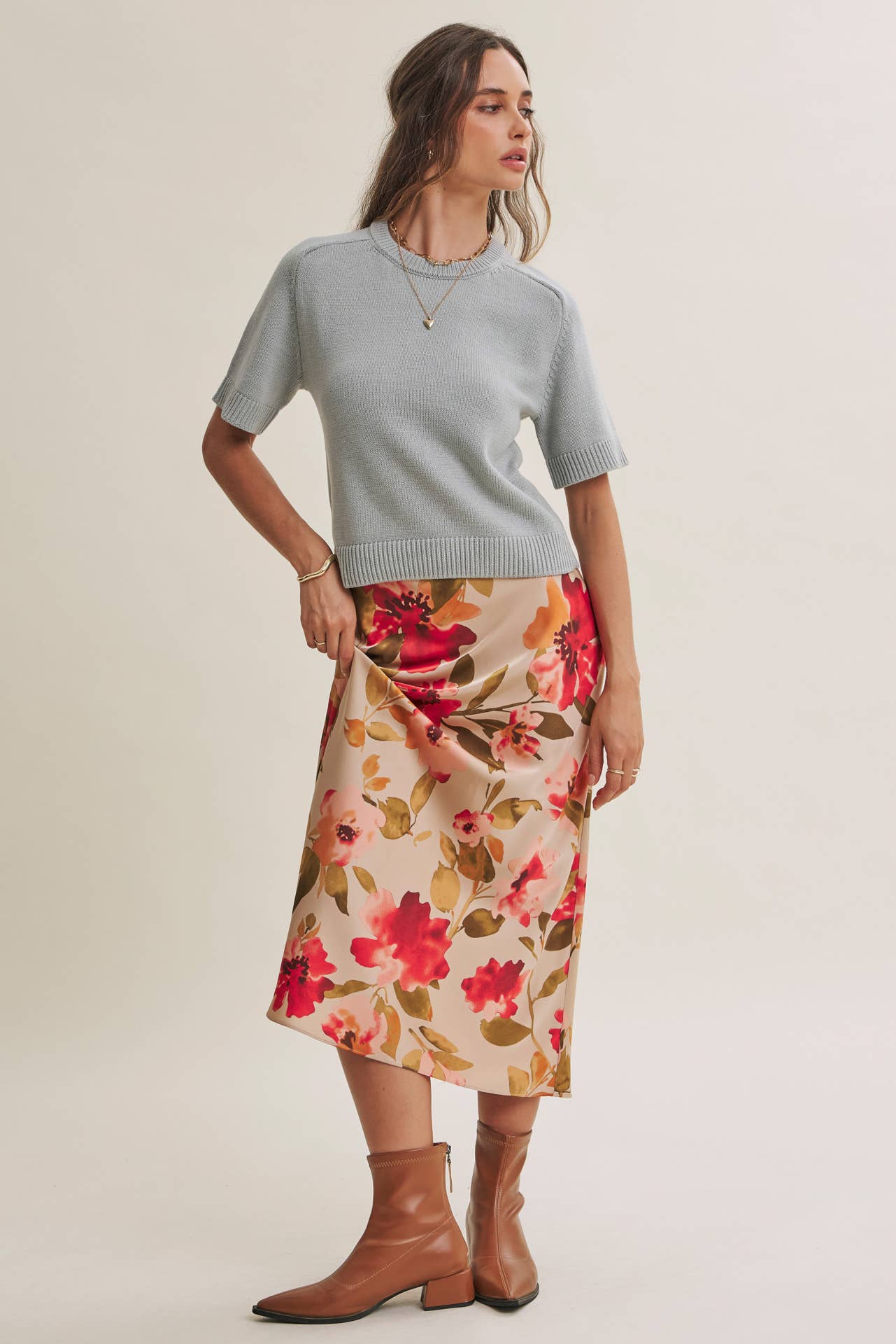 DRAPES SMOOTHLY SOFT FLORAL SATIN BIAS CUT MIDI SKIRT