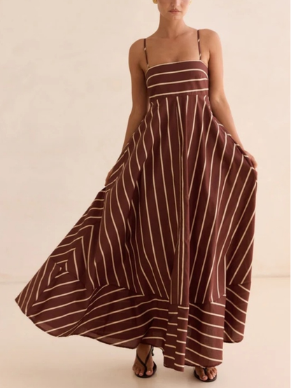 Striped Print High Waist Flared Maxi Dress