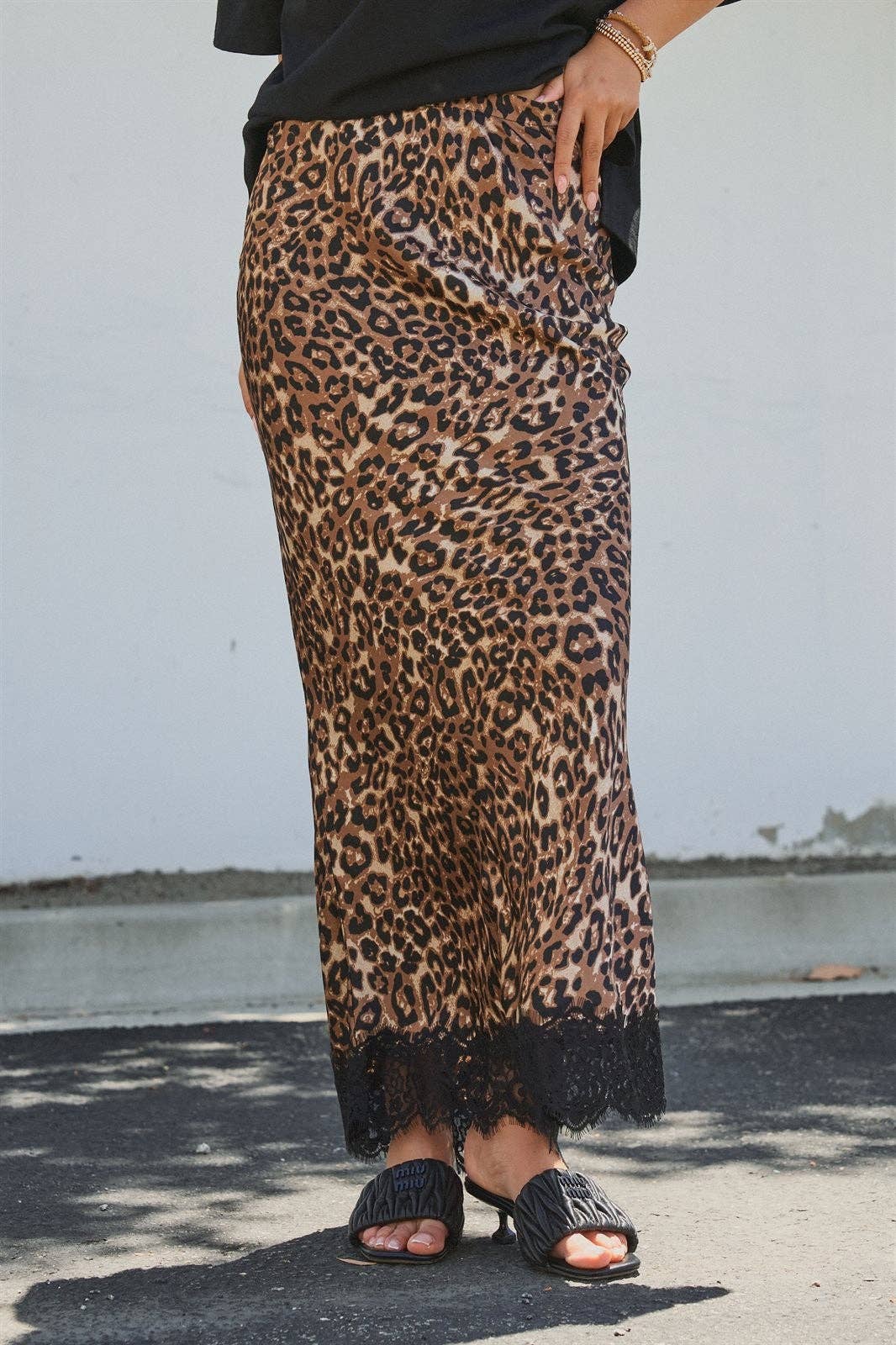 Leopard Print Satin Maxi Skirt with Lace Hem