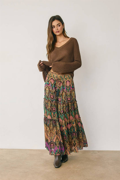 Boho Print Tiered Maxi Skirt