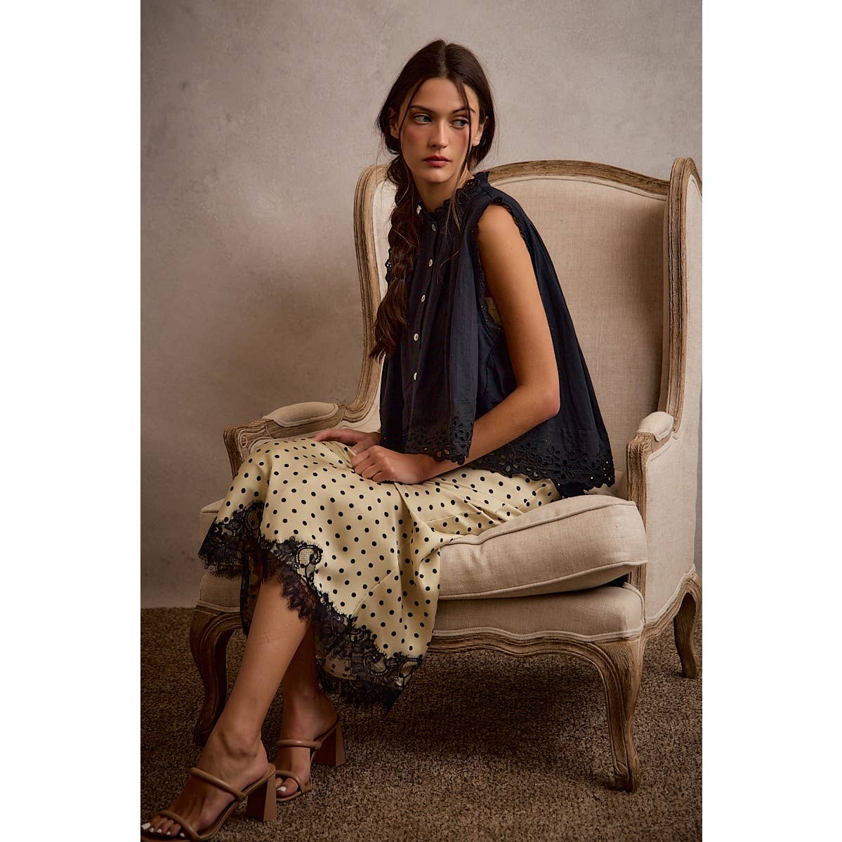 POLKA DOT SATIN LACE TRIM MAXI SKIRT