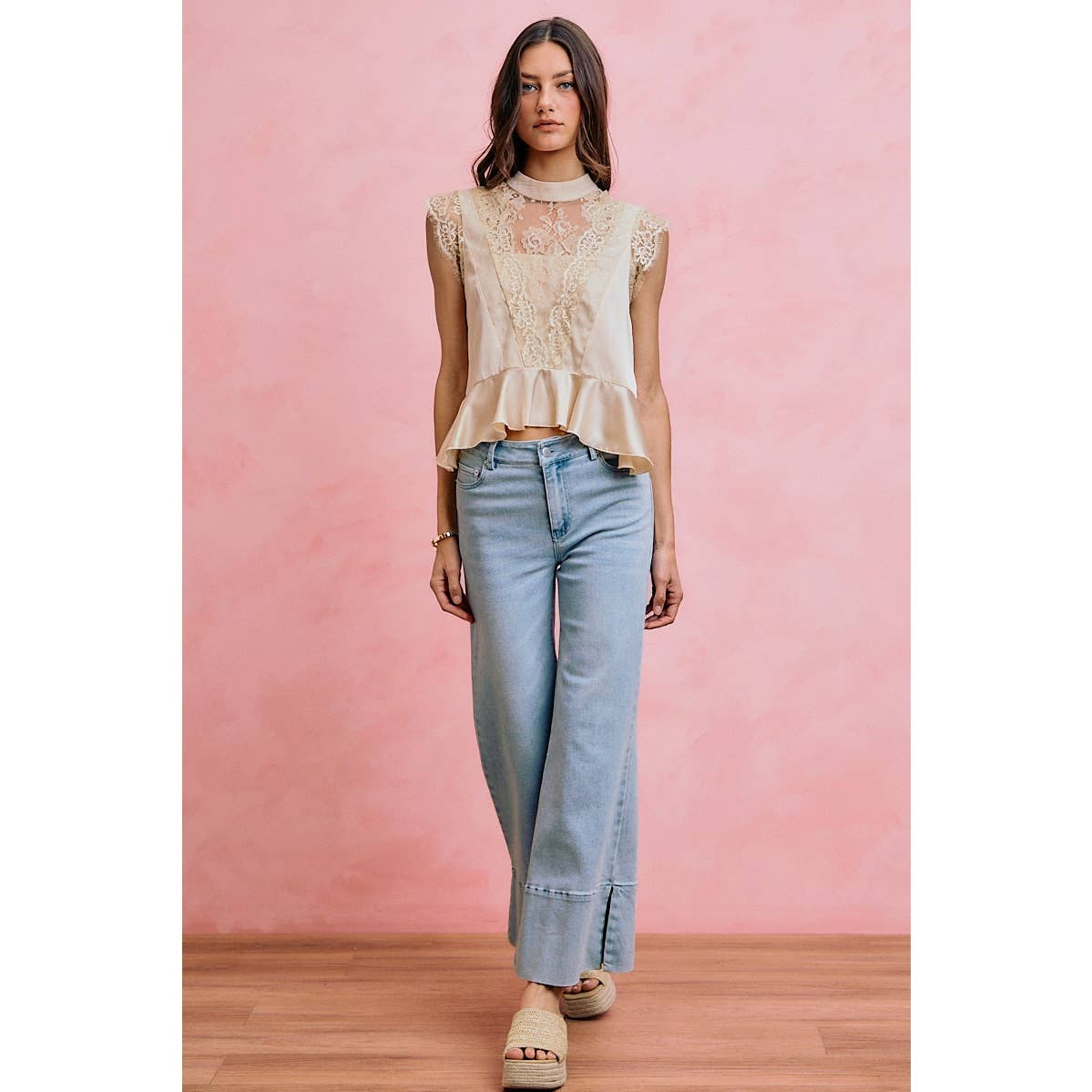 SATIN MOCK NECK LACE TRIM PEPLUM BLOUSE TOP