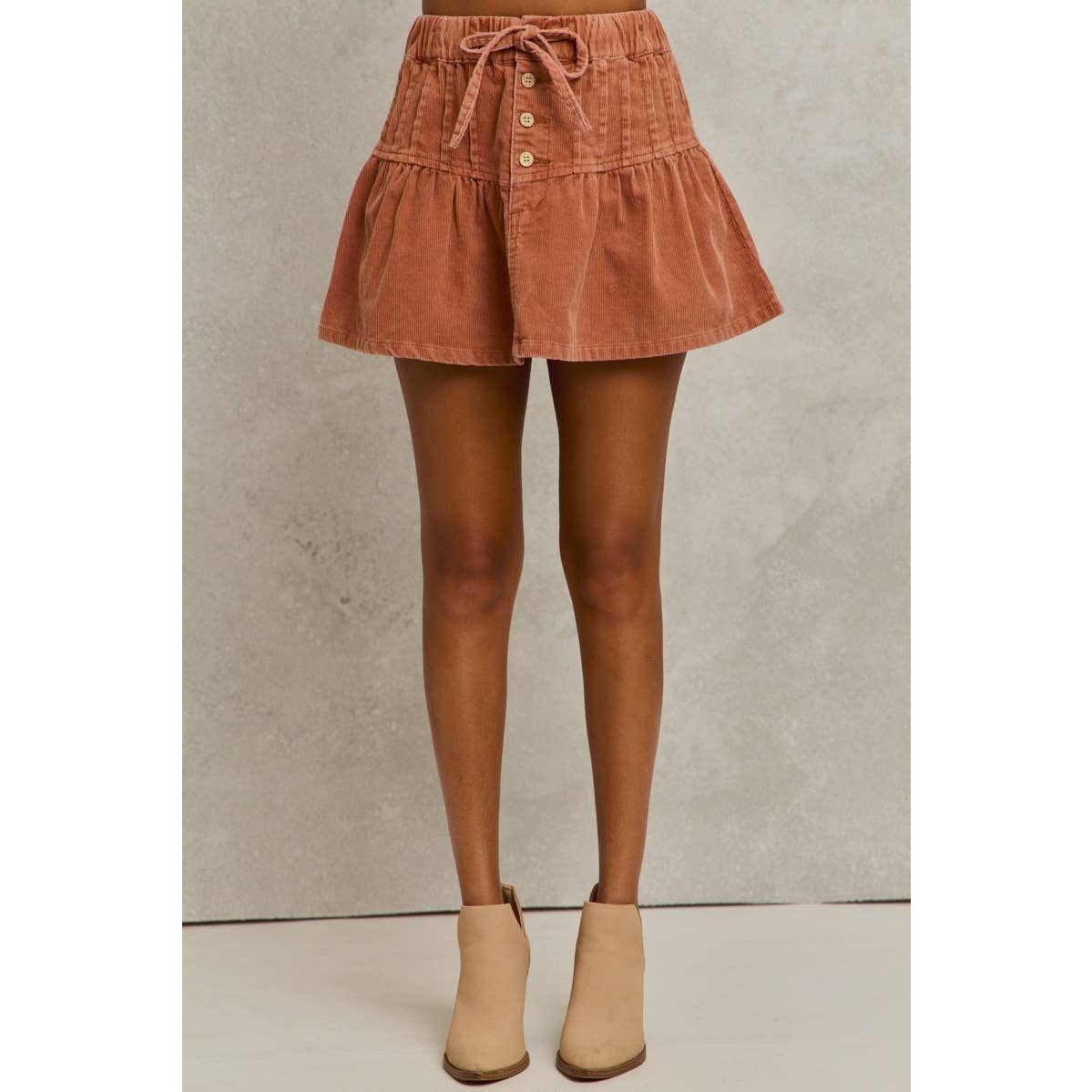 MINERAL WASH PINTUCKED CORDUROY MINI FLARED SKIRT