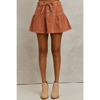 MINERAL WASH PINTUCKED CORDUROY MINI FLARED SKIRT