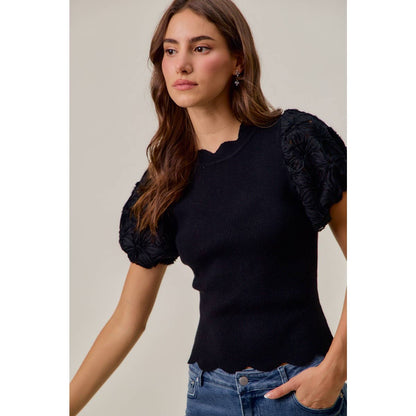 3D FLORAL CONTRAST SLEEVE SCALLOP SWEATER KNIT TOP