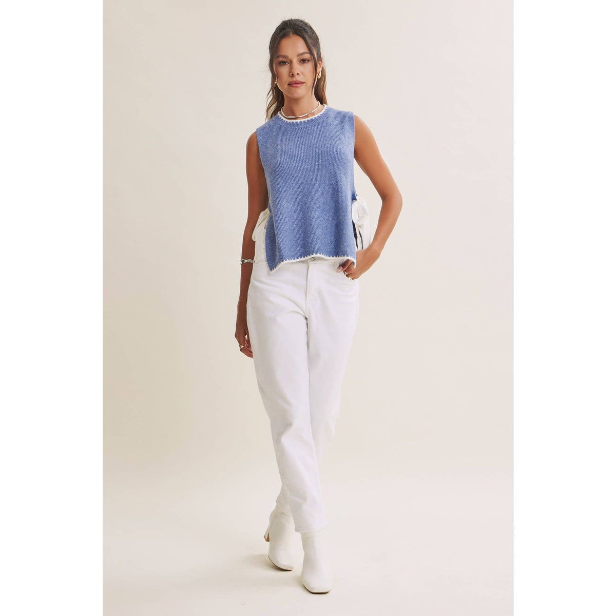 EFFORTLESS WEEKEND SIDE RIBBON TIE WHIPSTITCH SWEATER VEST