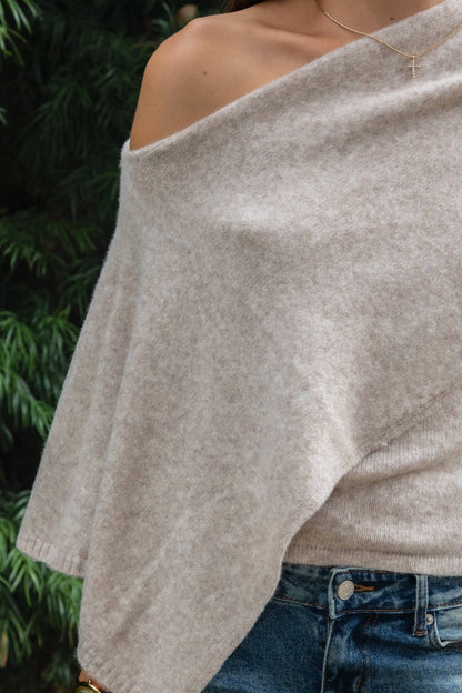 AINSLEY Off Shoulder Asymmetric Knit Poncho Sweater