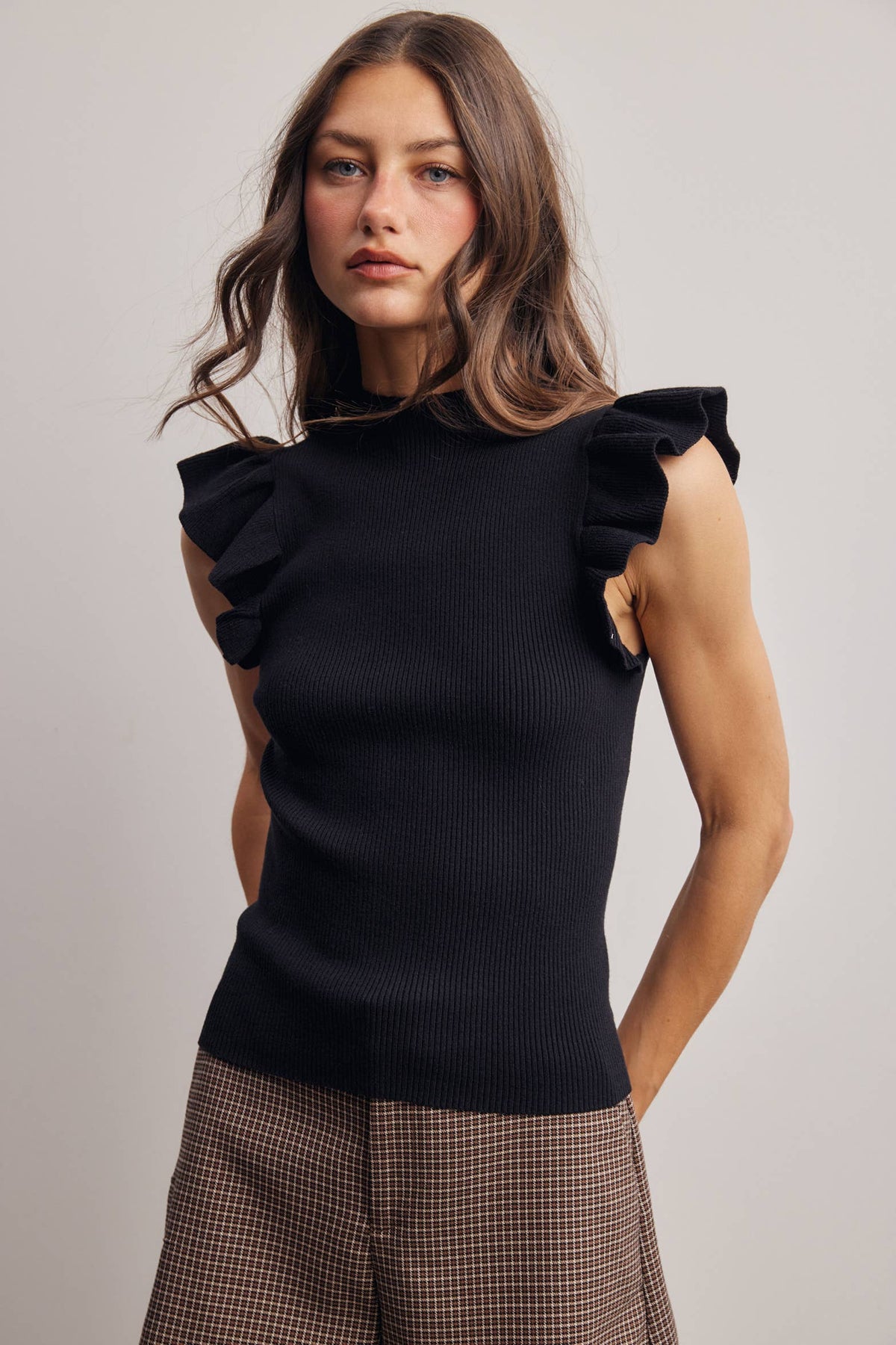 Ruffle Sleeve Rib Knit Top