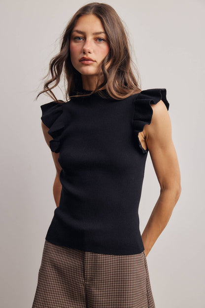 Ruffle Sleeve Rib Knit Top