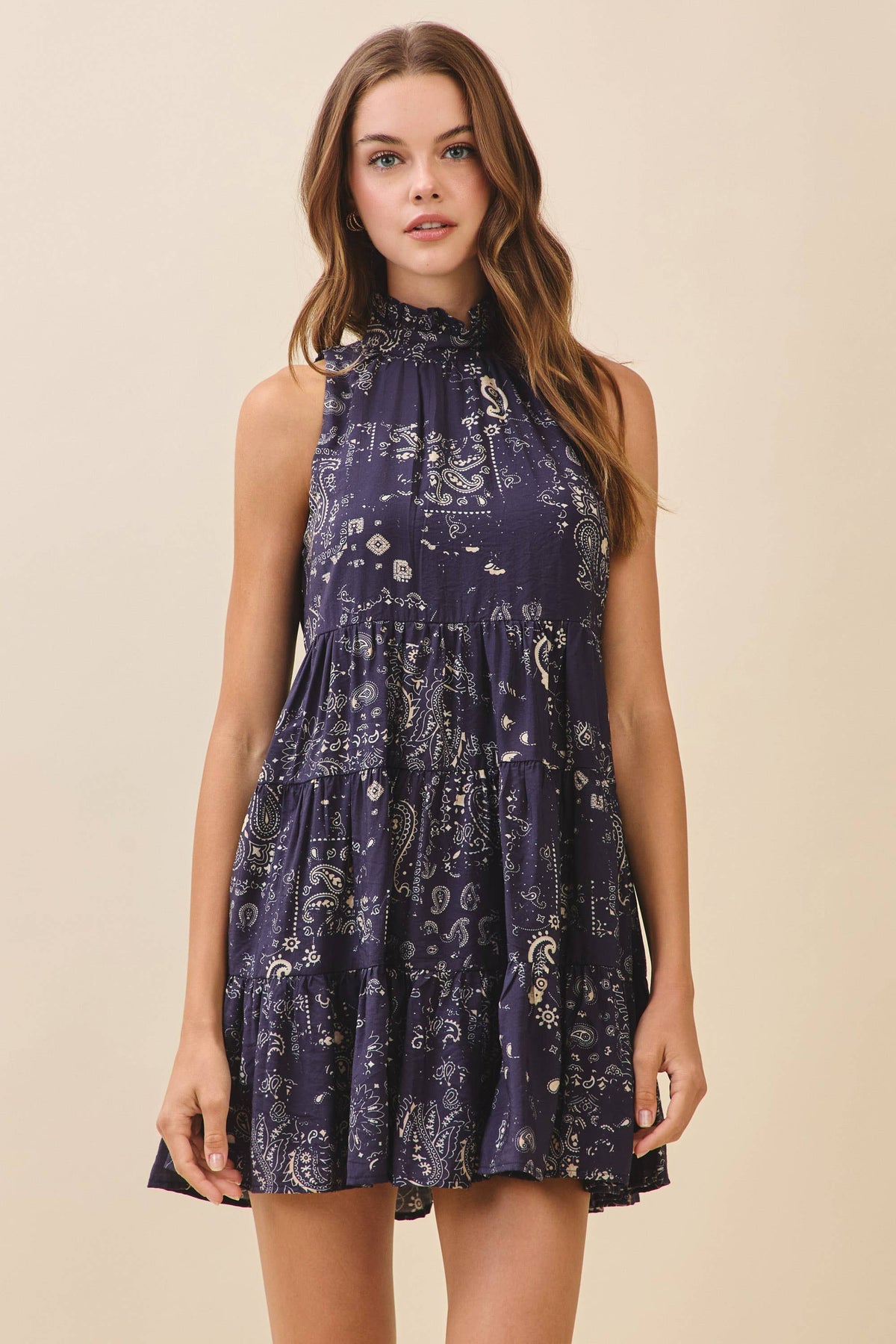 Paisley Print Ruffled Mock Neck Mini Dress