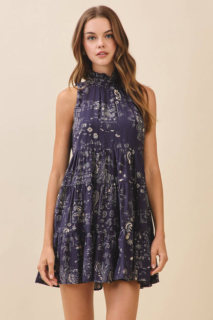 Paisley Print Ruffled Mock Neck Mini Dress