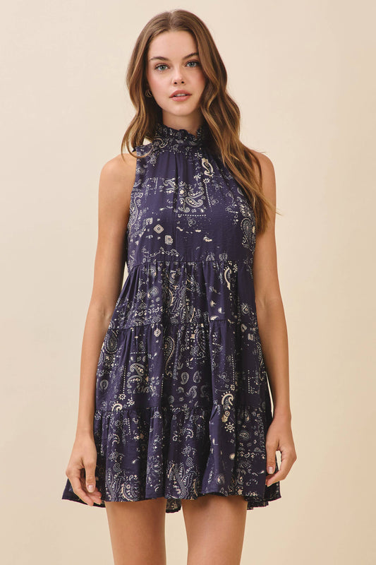 Paisley Print Ruffled Mock Neck Mini Dress