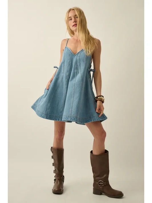 Denim Baby Doll Dress w/ Tie-Sides & Pockets