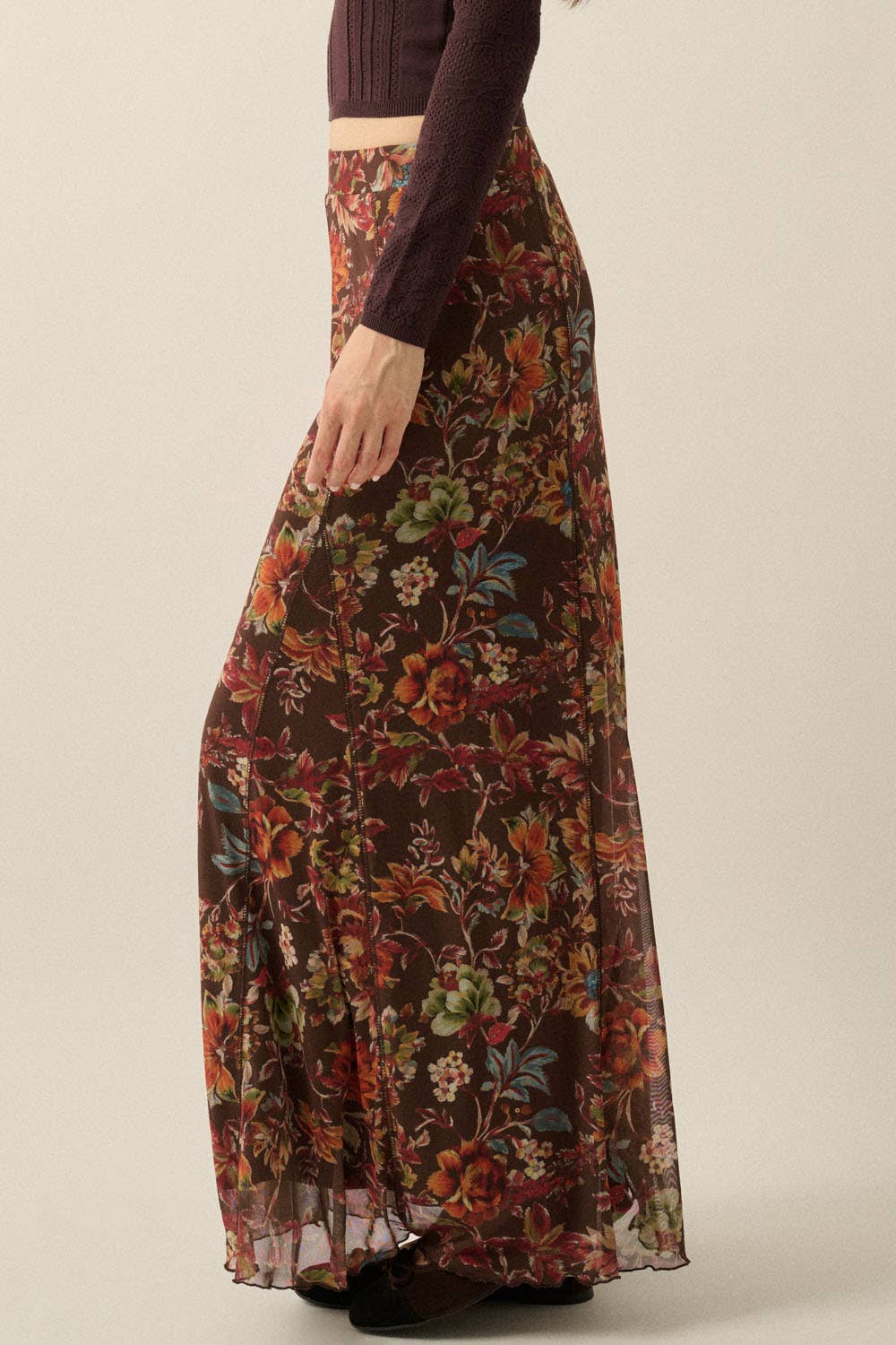 Floral-Print Mesh Godet-Pleat Elastic-Waist Maxi Skirt