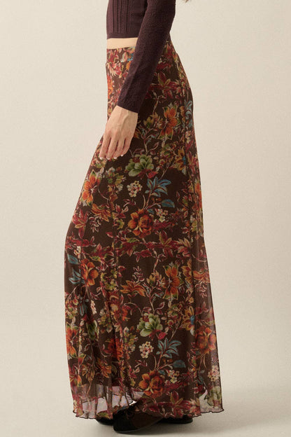 Floral-Print Mesh Godet-Pleat Elastic-Waist Maxi Skirt